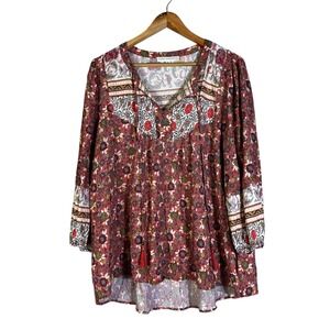 Jane + Delancy Red Floral Tassel V-Neck 3/4 Sleeve Tunic Top XL